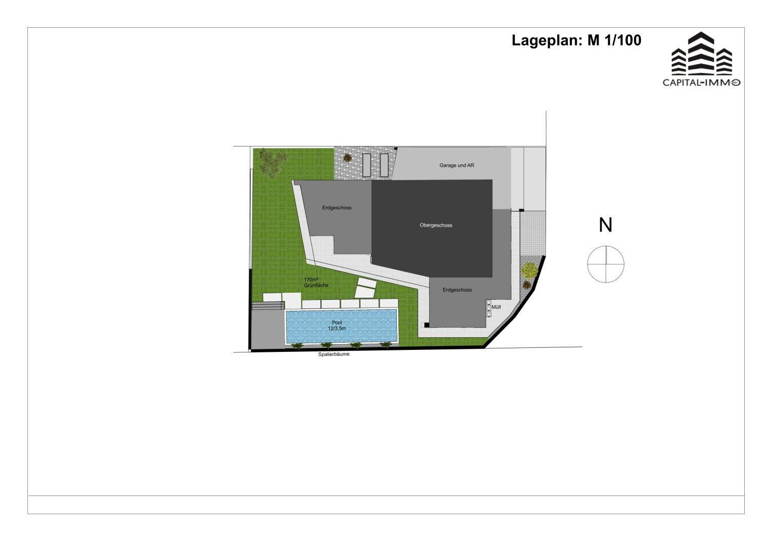 Lageplan des Grundstücks mit Gebäude, Garage, Pool und Gartenbereichen.