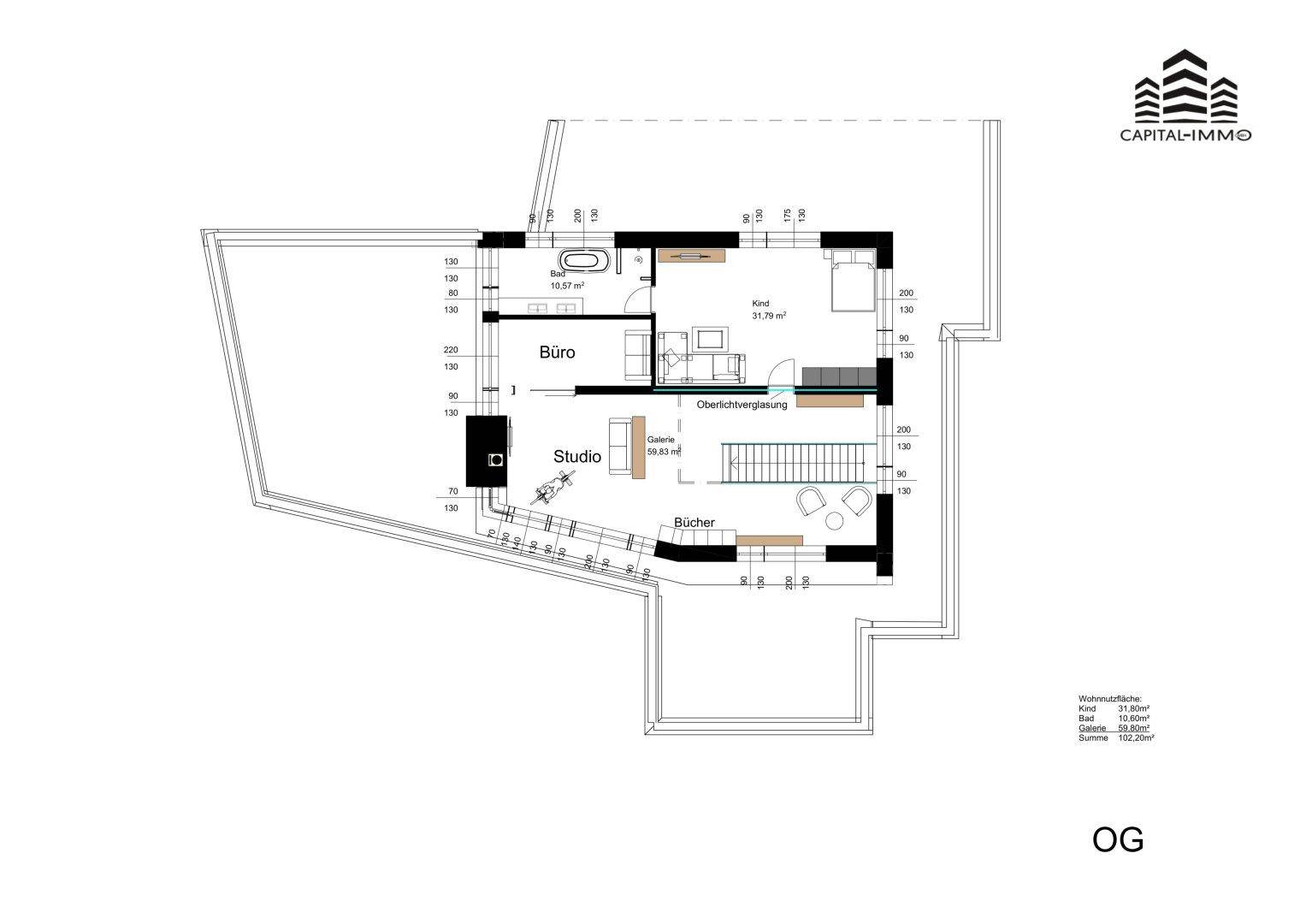 Grundriss des Obergeschosses mit Schlafzimmer, Büro und Galeriebereich.