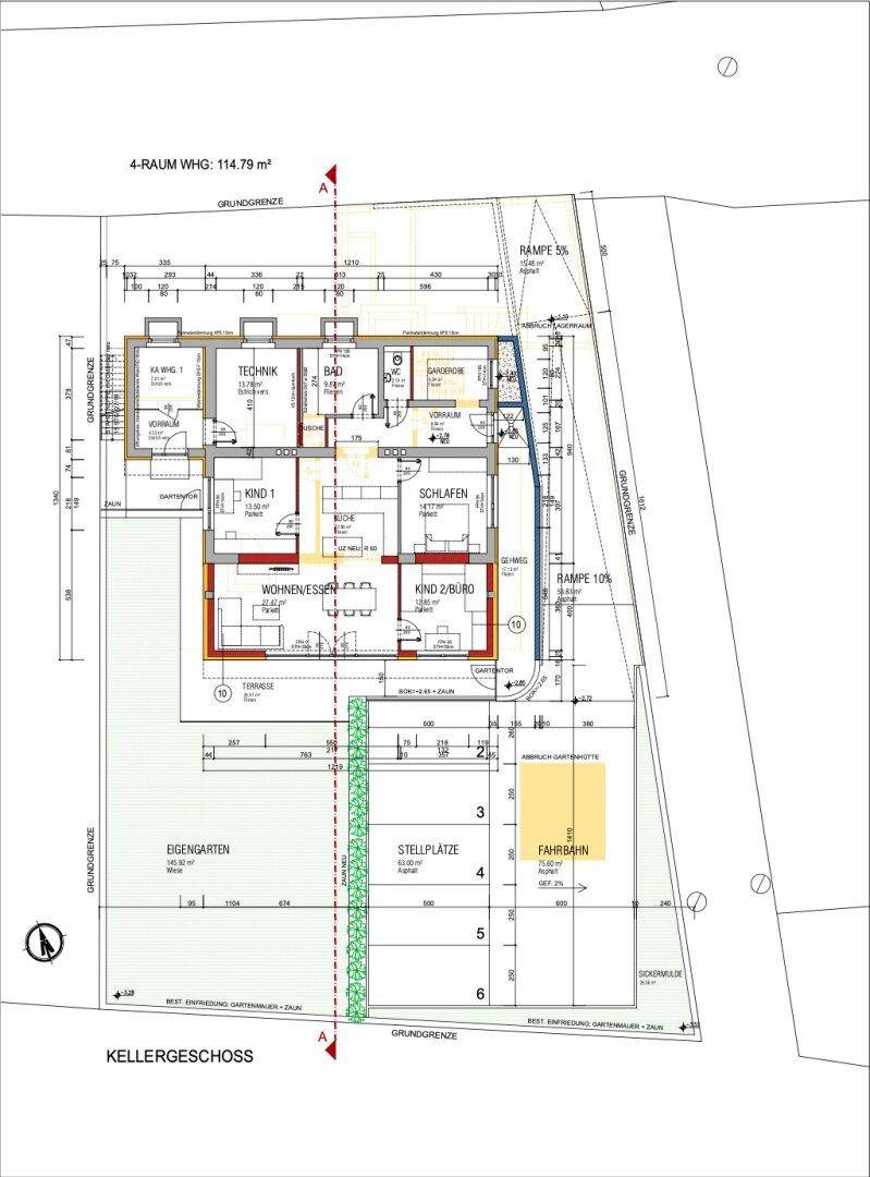 Grundriss des Kellergeschosses mit Wohn-Essbereich, Schlafzimmern und Garten.