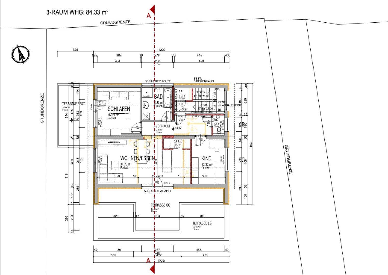 Grundriss einer 3-Raum-Wohnung mit 84,33 m² Wohnfläche, Schlafzimmer, Kinderzimmer und offenem Wohn-Essbereich.