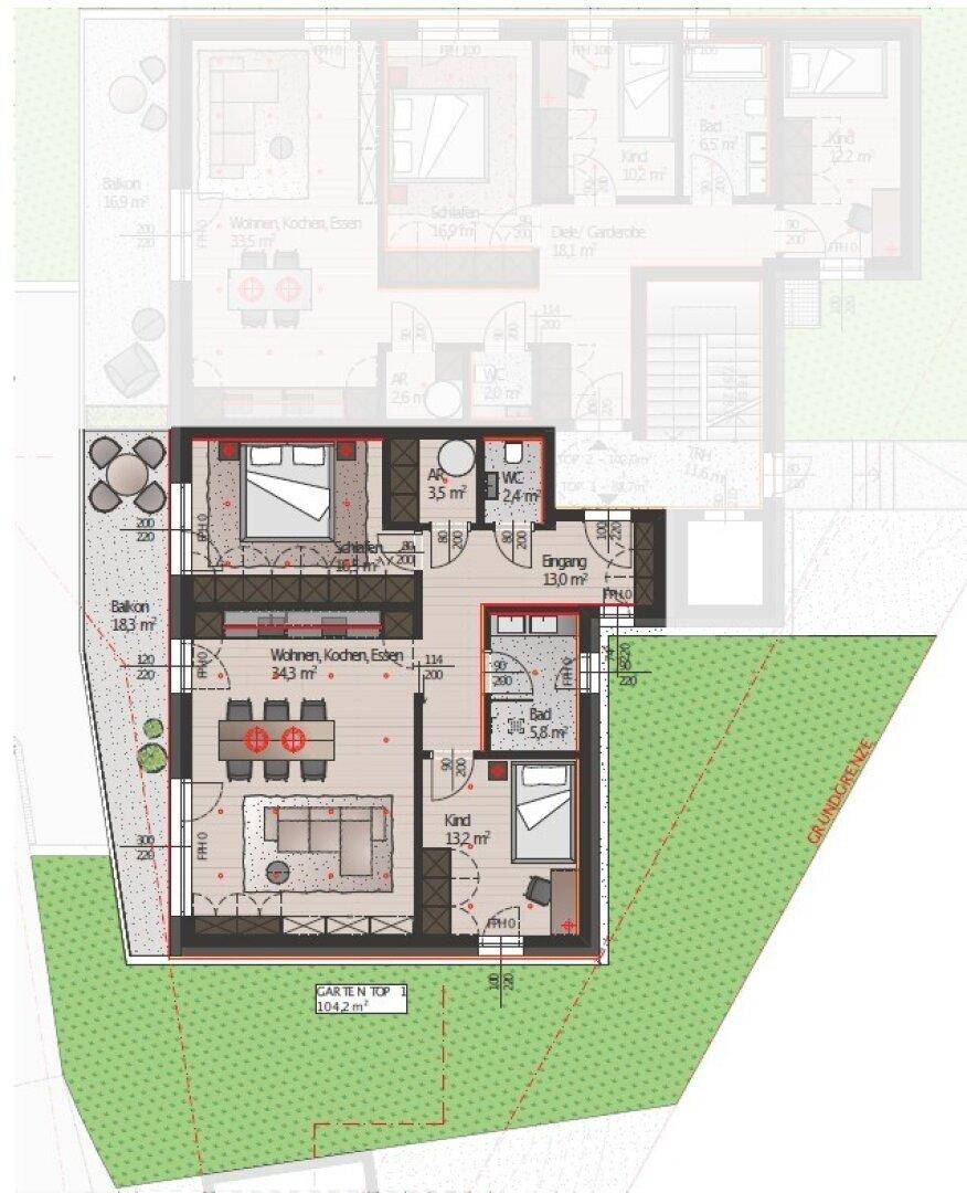 Grundriss einer Wohnung mit drei Zimmern, offenem Wohnbereich, Balkon und Gartenanteil.