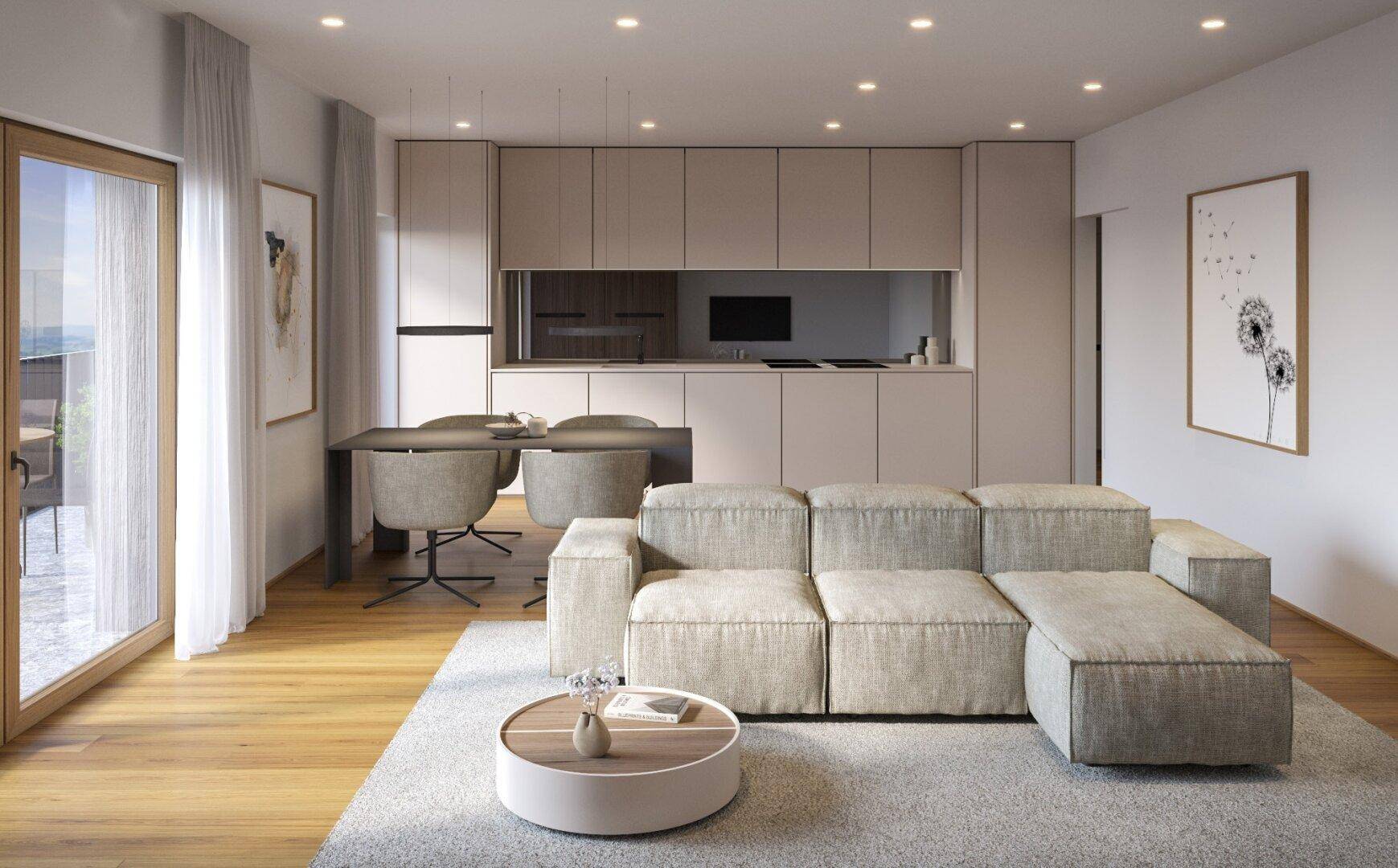 Moderner Wohnbereich mit beigem Sofa, Esstisch und offener Küche in neutralen Farbtönen.