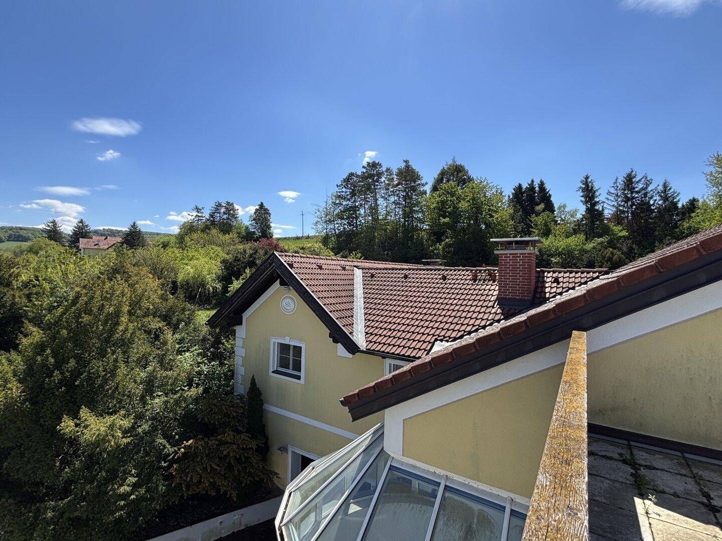 Dachansicht der Villa mit Ziegeln und Schornstein, umgeben von grünen Bäumen.