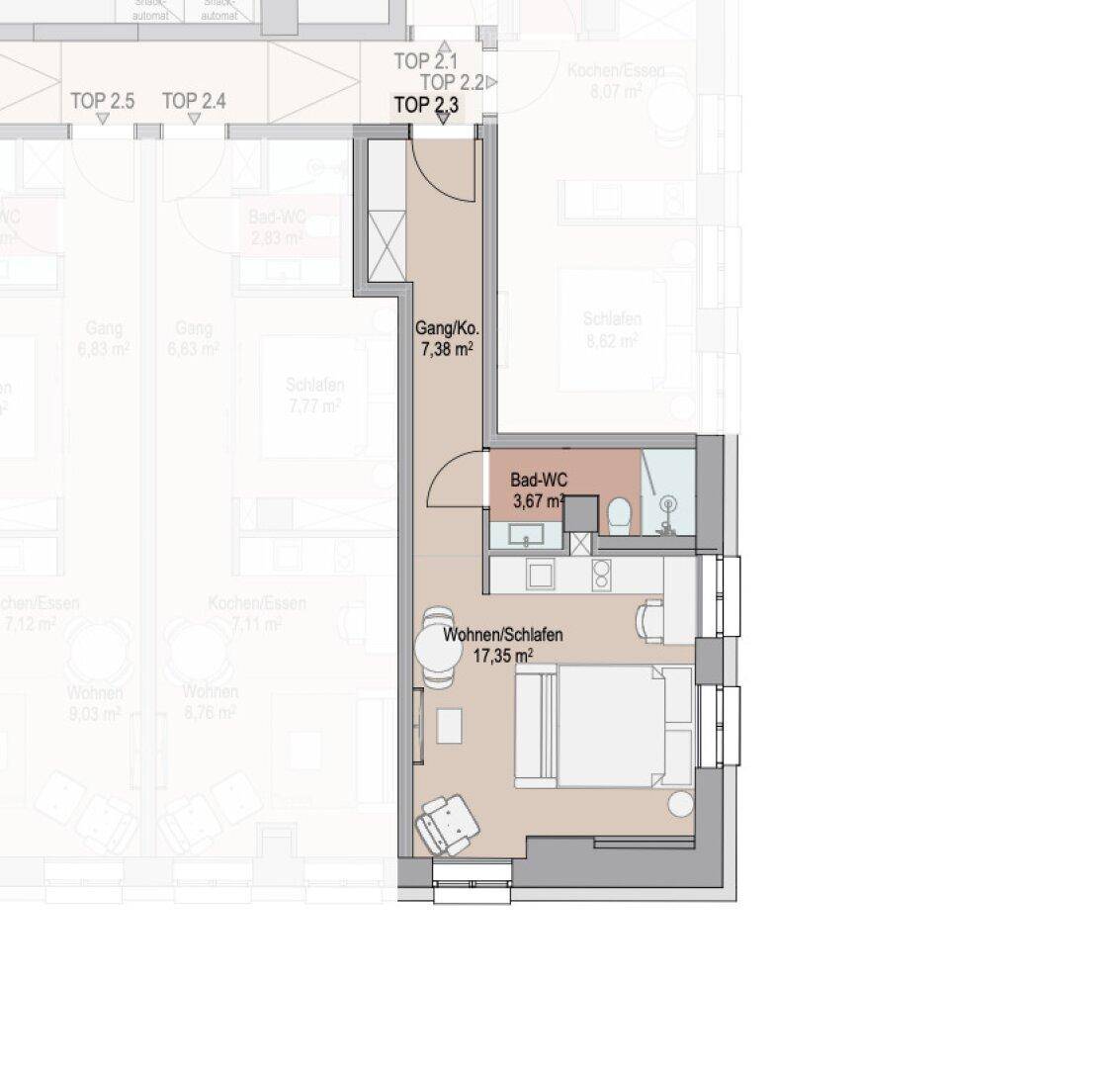 Grundriss zeigt Schlafzimmer, Bad-WC und Gang mit Flächenangaben.