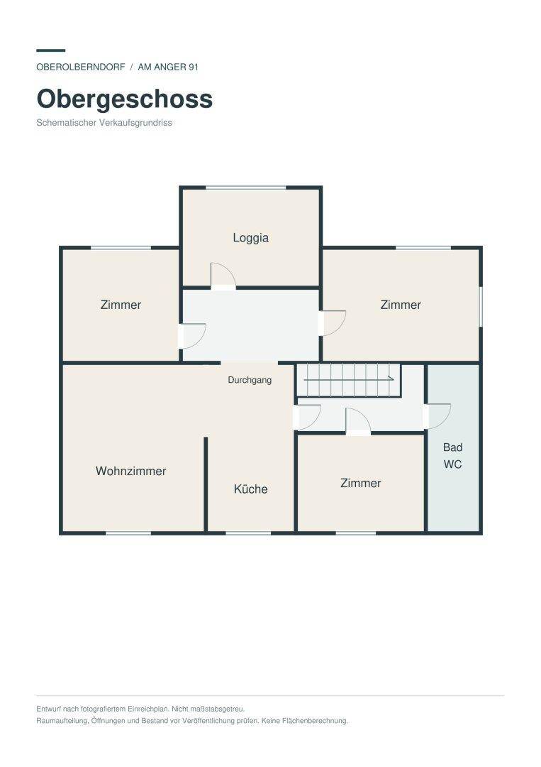 Schematischer Grundriss des Obergeschosses mit Wohnzimmer, Küche, Zimmern und Loggia.