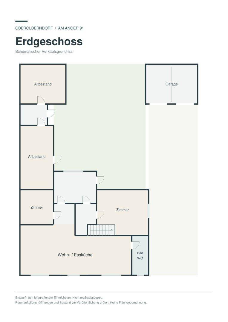 Schematischer Grundriss des Erdgeschosses mit Wohn-Essküche, Zimmern und Garage.