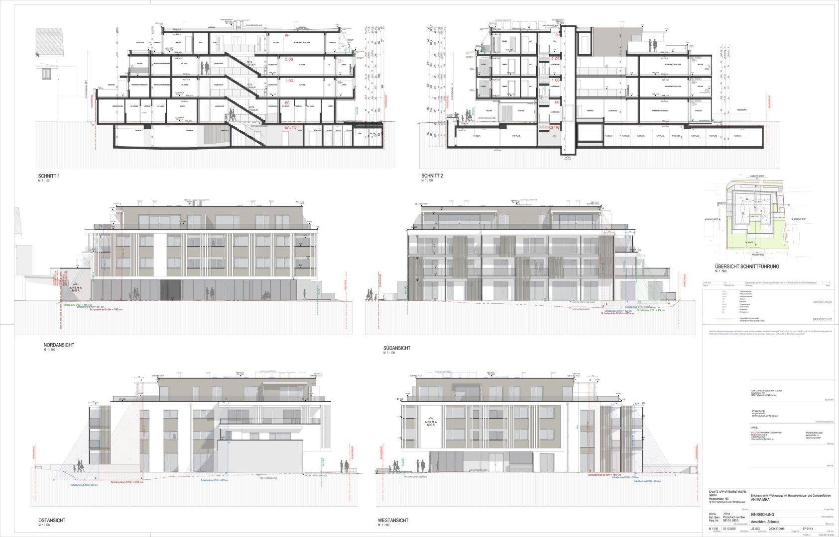 Architektonische Zeichnungen mit Gebäudeschnitten und Ansichten von allen Seiten.