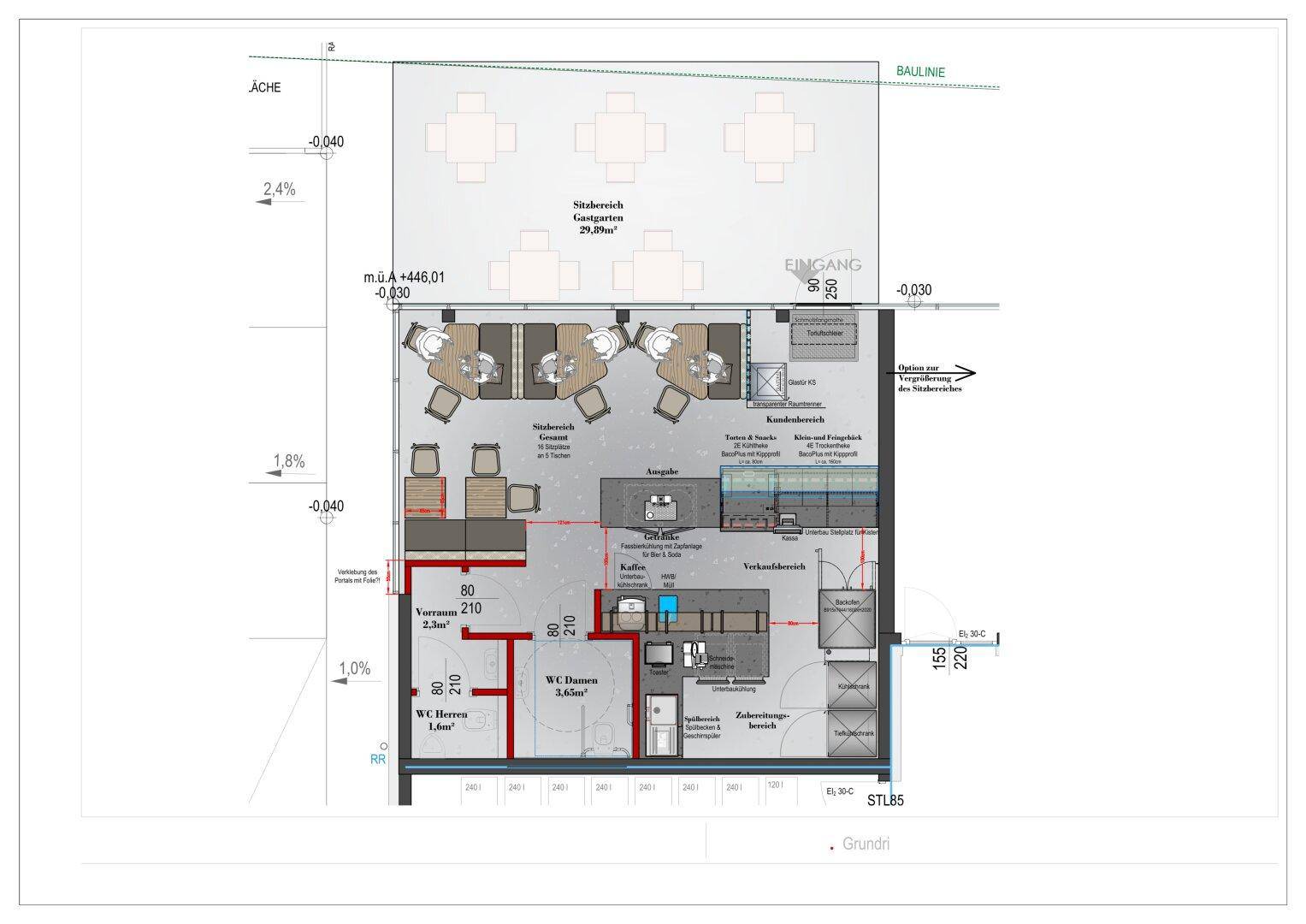 Detaillierter Grundriss eines Gastronomiebereichs mit Küche, Theke und Sitzgelegenheiten.