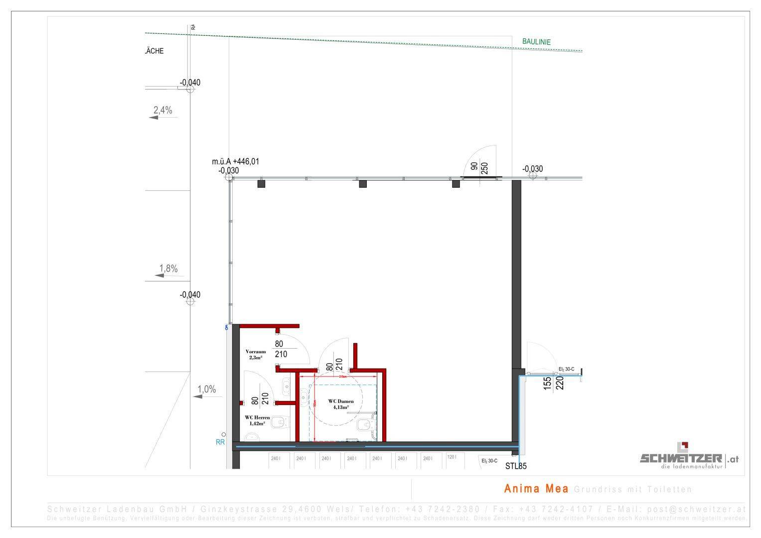Detaillierter Grundriss eines Sanitärbereichs mit Maßen und Installationen.
