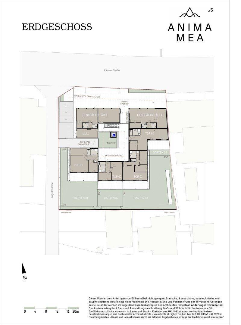Übersichtlicher Grundriss des Erdgeschosses mit verschiedenen Ladenflächen und Gartenbereichen.