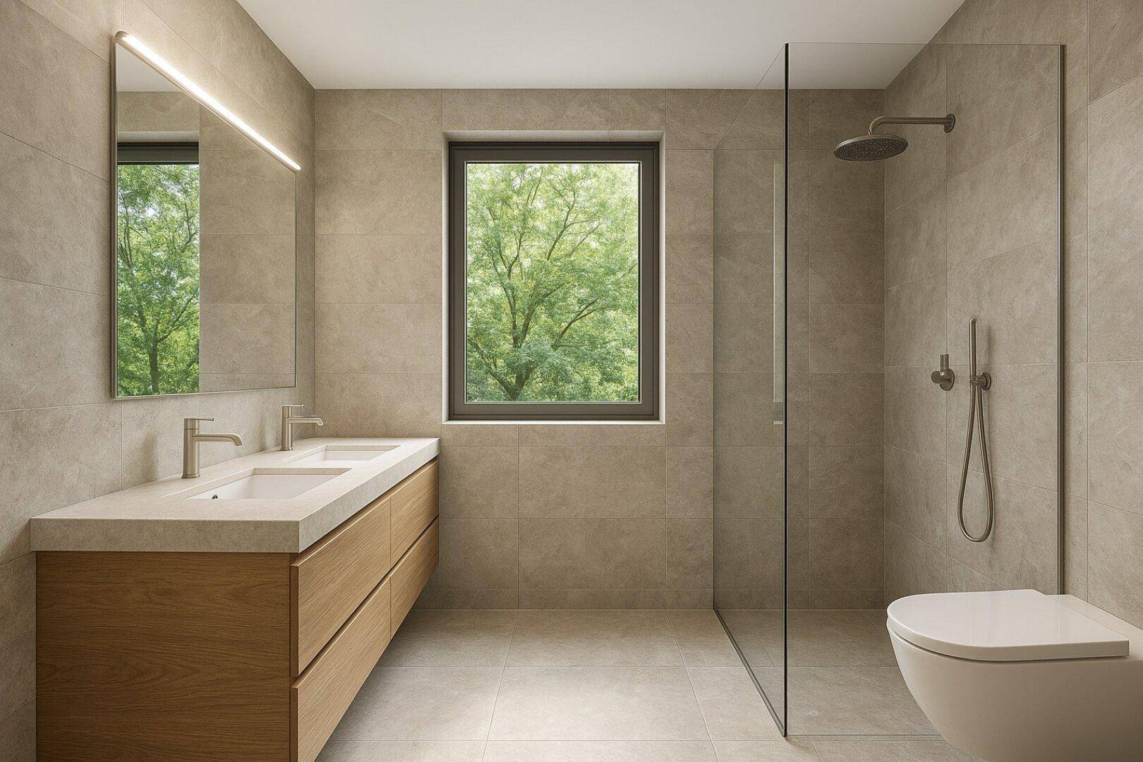 Modernes Badezimmer mit Doppelwaschbecken, großer begehbarer Dusche und Fenster mit Blick ins Grüne.