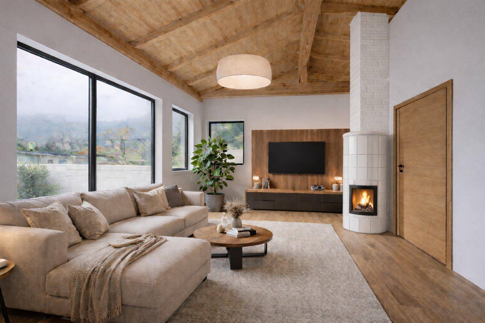 Gemütliches Wohnzimmer mit Holzbalkendecke, Kamin und großen Fenstern mit Blick ins Grüne.