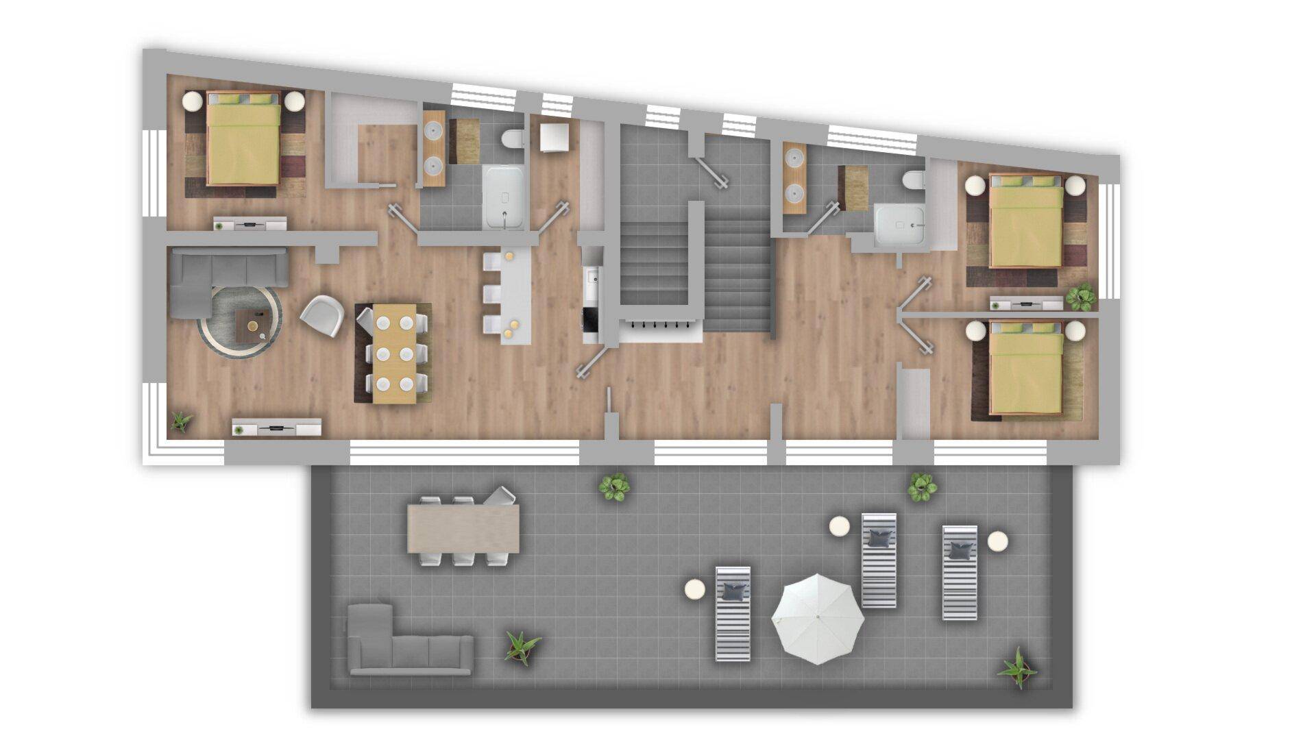 Grundriss einer Wohnung mit mehreren Schlafzimmern, Bädern und einer großen Außenterrasse.