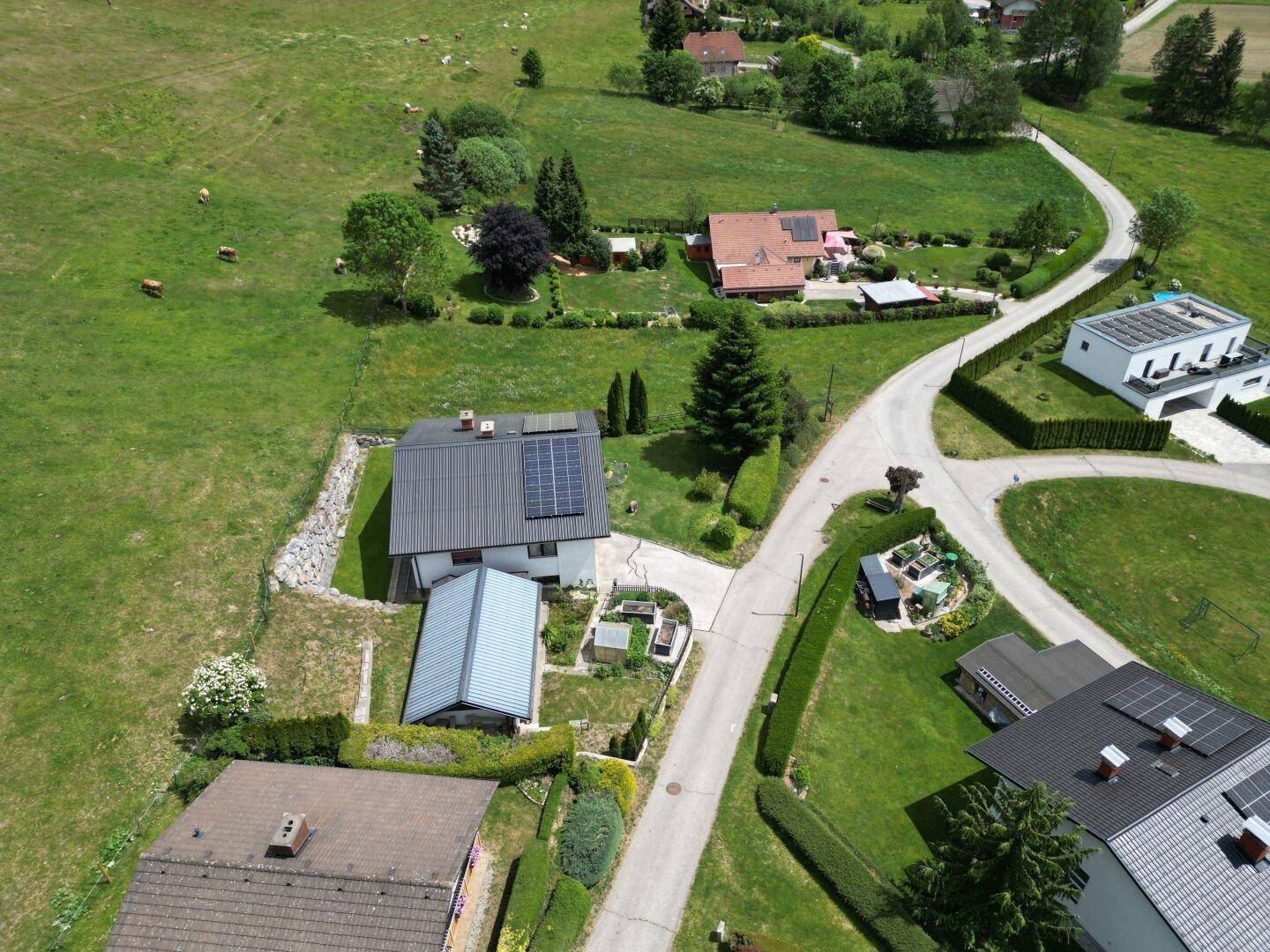 Vogelperspektive des Hauses mit Garten, Zufahrt und angrenzenden Grundstücken in ländlicher Umgebung.