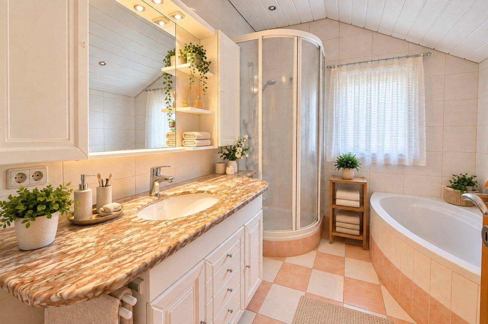 Helles Badezimmer mit Duschkabine, Badewanne, Marmorwaschtisch und schrägen Decken.
