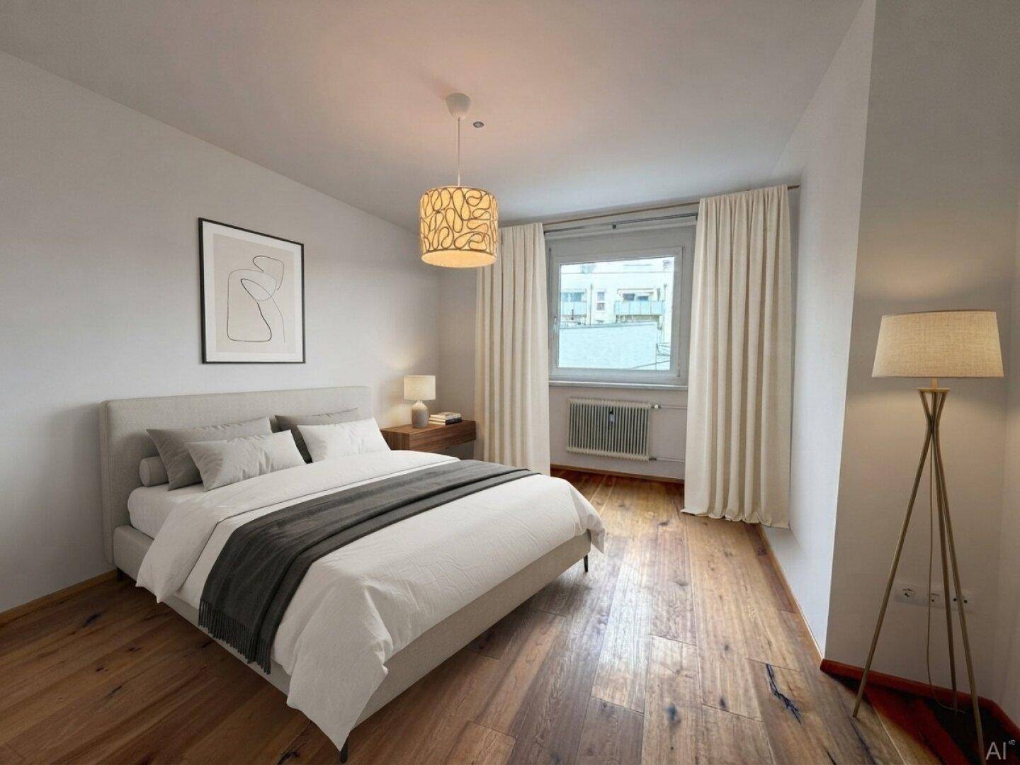 Gemütliches Schlafzimmer mit modernem Bett, Holzboden und Vorhängen am Fenster.
