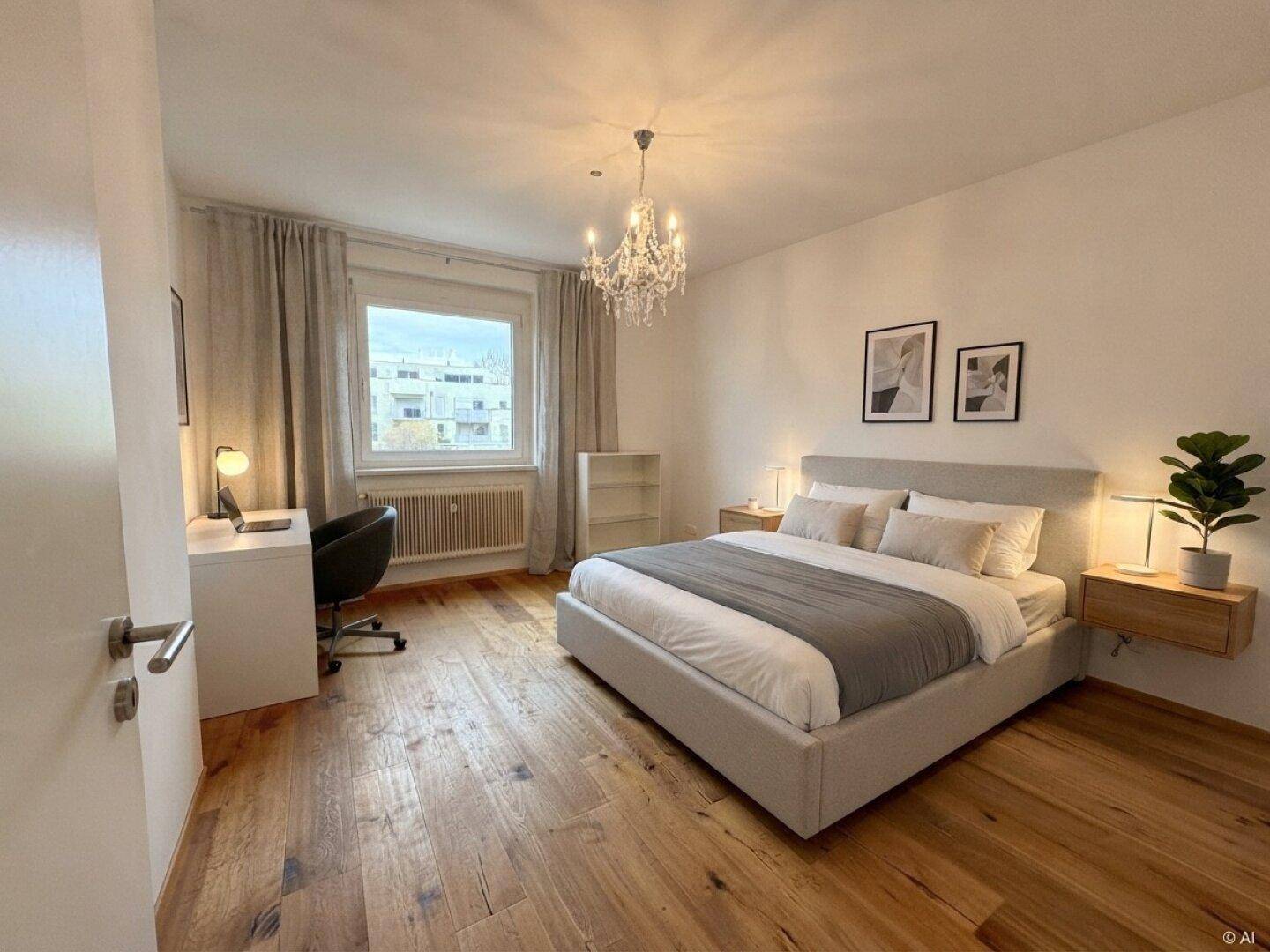 Modern eingerichtetes Schlafzimmer mit großem Bett, Holzboden und Schreibtisch am Fenster.