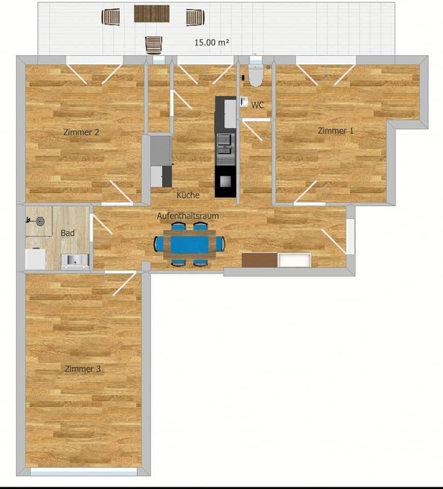 Grundriss einer Wohnung mit drei Zimmern, Küche, Bad, WC und einem 15 m² großen Balkon.