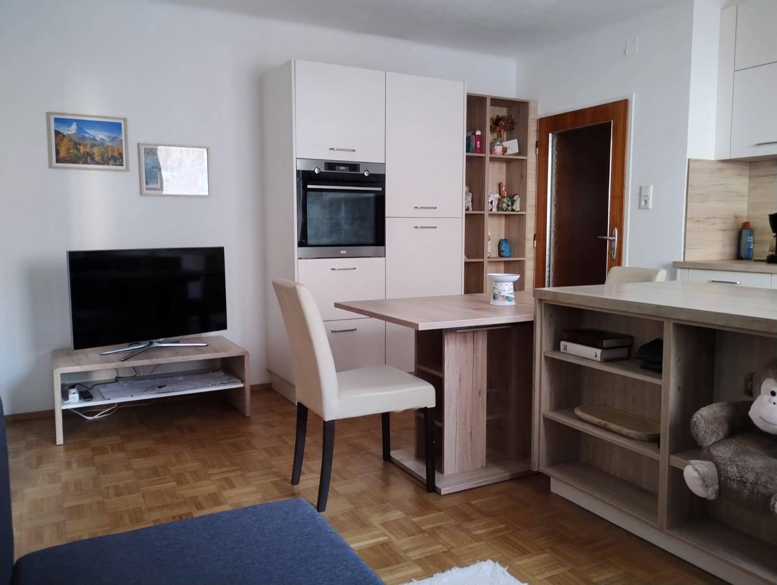 Offener Wohnbereich mit integrierter Küchenzeile, Esstisch und Fernseher.