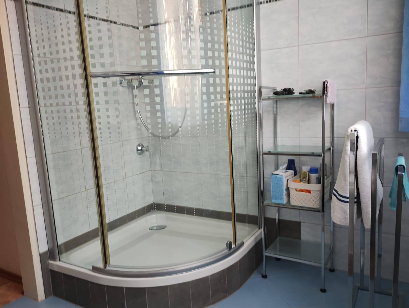 Badezimmer mit einer modernen Duschkabine und blauen Bodenfliesen.