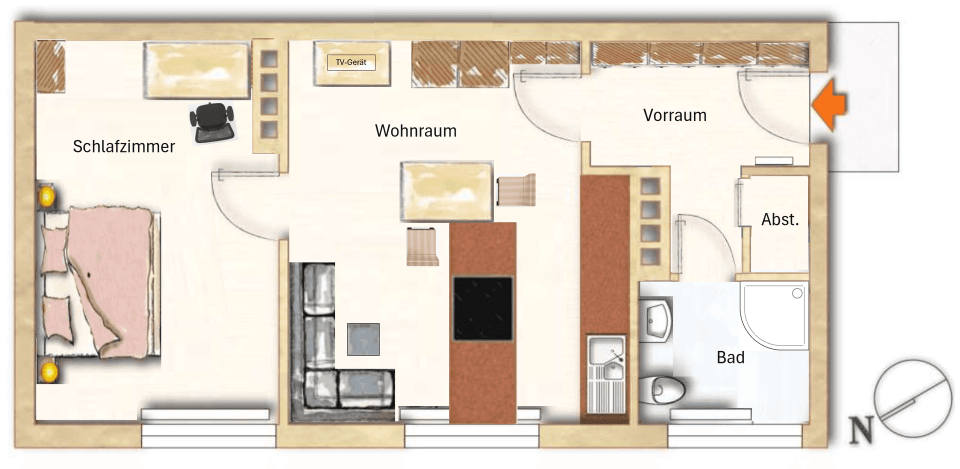 Grundriss einer Wohnung mit Schlafzimmer, Wohnraum, Vorraum und Bad.