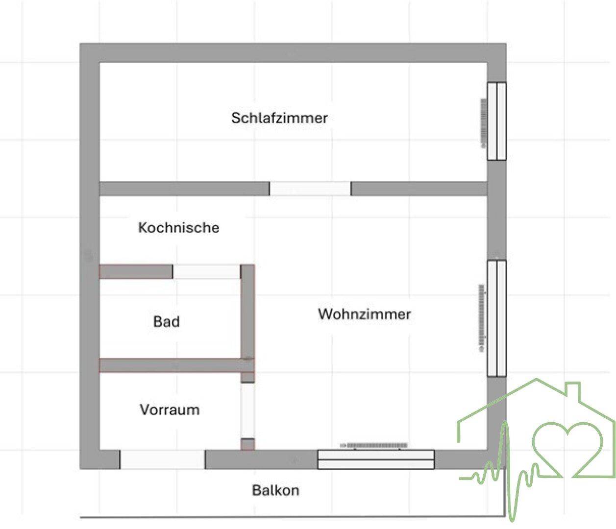 Grundrissplan der Wohnung mit Schlafzimmer, Kochnische, Bad, Vorraum, Wohnzimmer und Balkon.