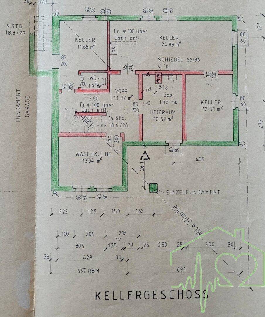 Grundriss des Kellergeschosses mit mehreren Kellerräumen, Heizraum und Waschküche.