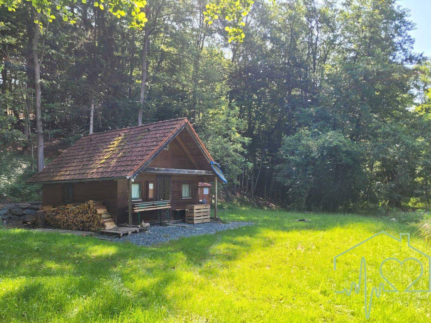 Rustikale Holzhütte mit rotem Ziegeldach, umgeben von einer grünen Wiese und Wald.