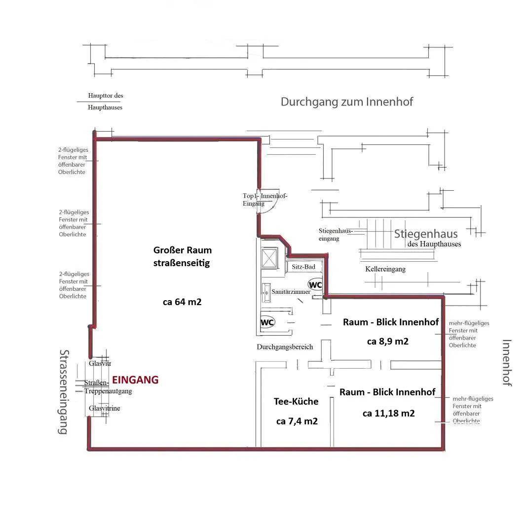 Grundrissplan zeigt Geschäftsräume mit großem Hauptraum, Teeküche, Sanitärbereich und Zugang zum Innenhof.