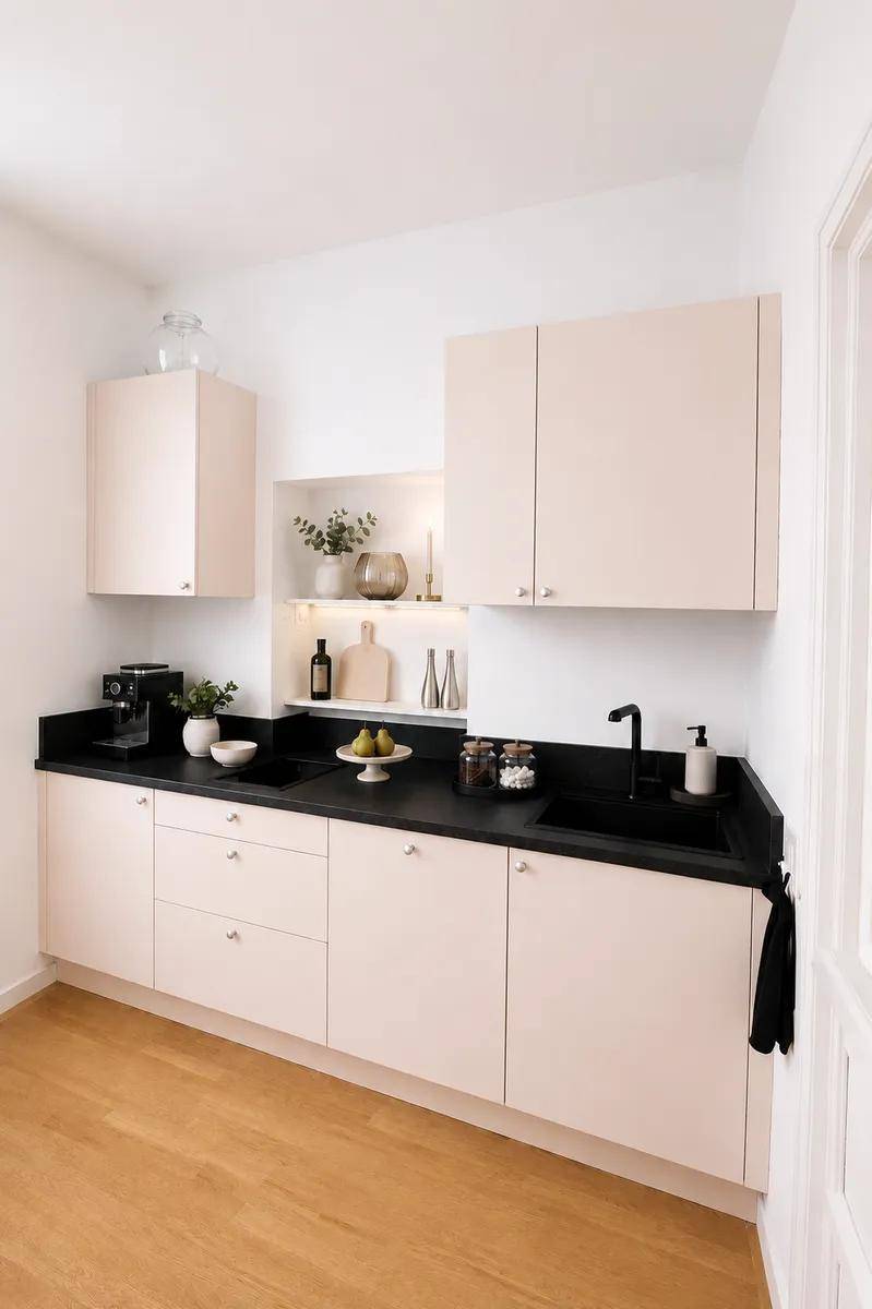 Moderne Küche mit hellen Schränken, schwarzen Arbeitsplatten und integrierten Geräten, inklusive Kaffeemaschine.