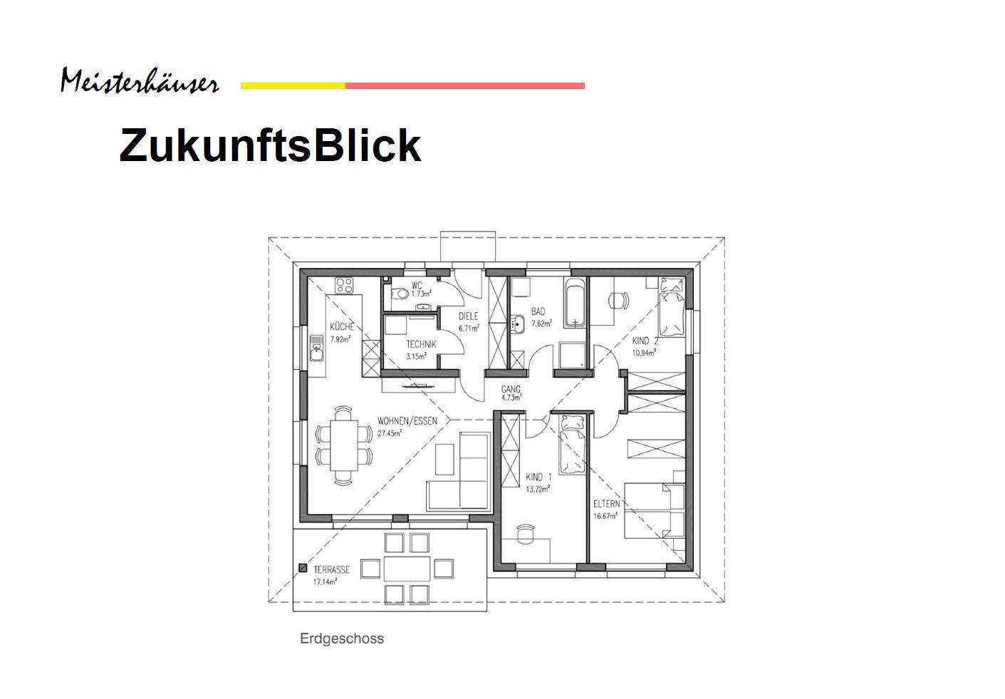 Grundriss des Erdgeschosses mit offener Wohnküche, drei Schlafzimmern und Terrasse.