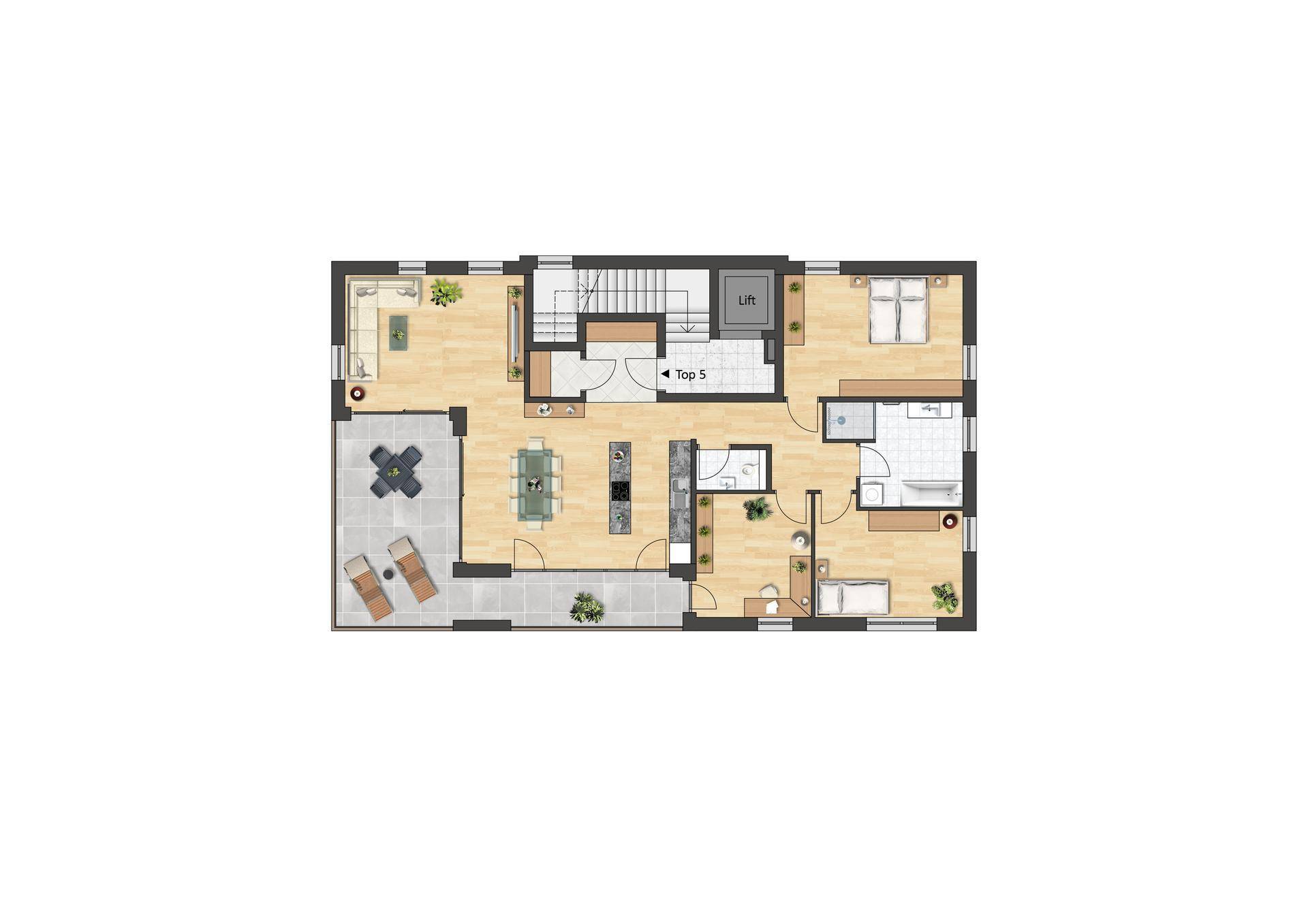 Grundriss der Wohnung Top 5 mit großem Wohnbereich, Terrasse, zwei Bädern und Liftzugang.
