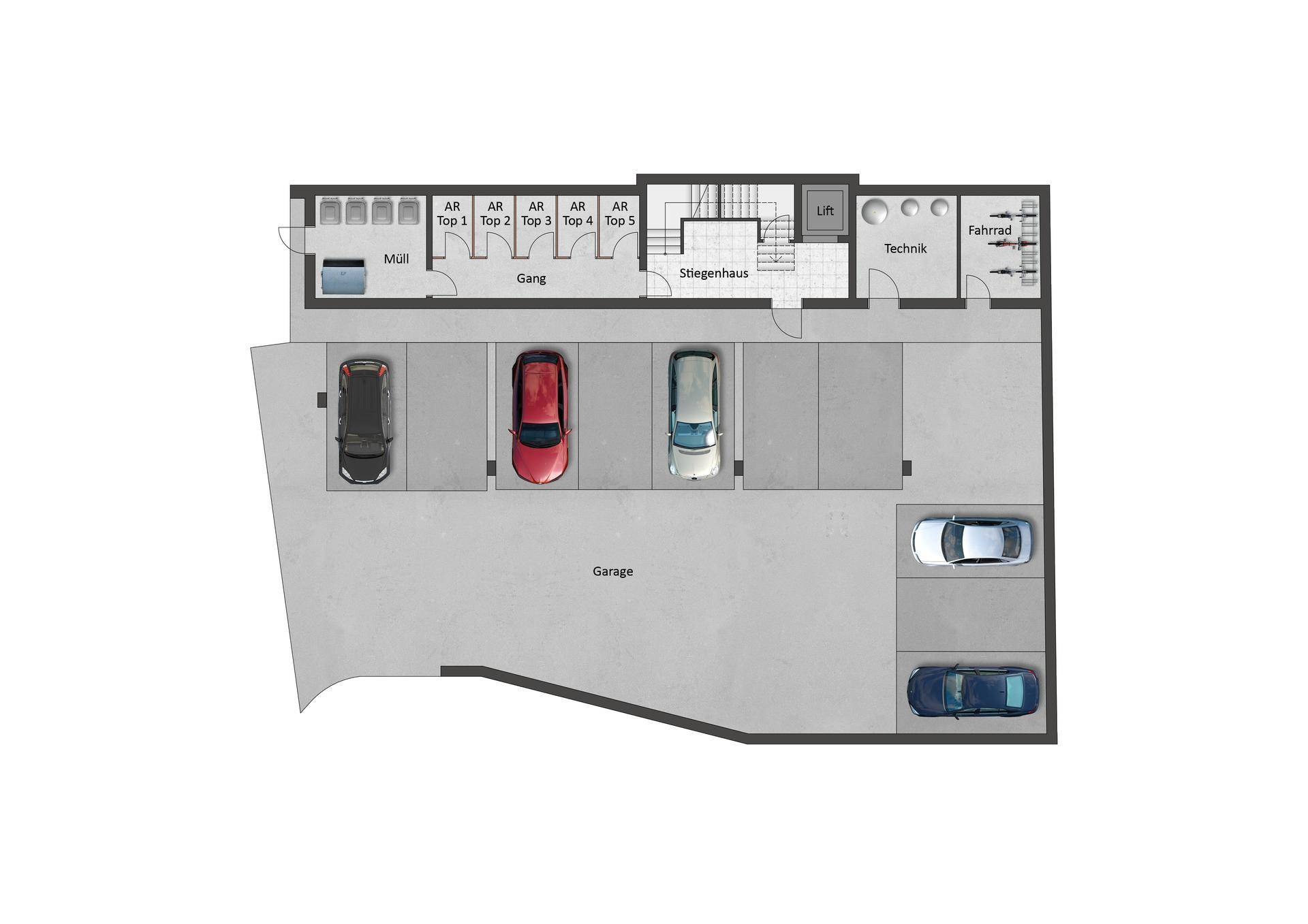 Grundriss der Tiefgarage mit mehreren Stellplätzen, Abstellräumen, Fahrradraum und Liftzugang.