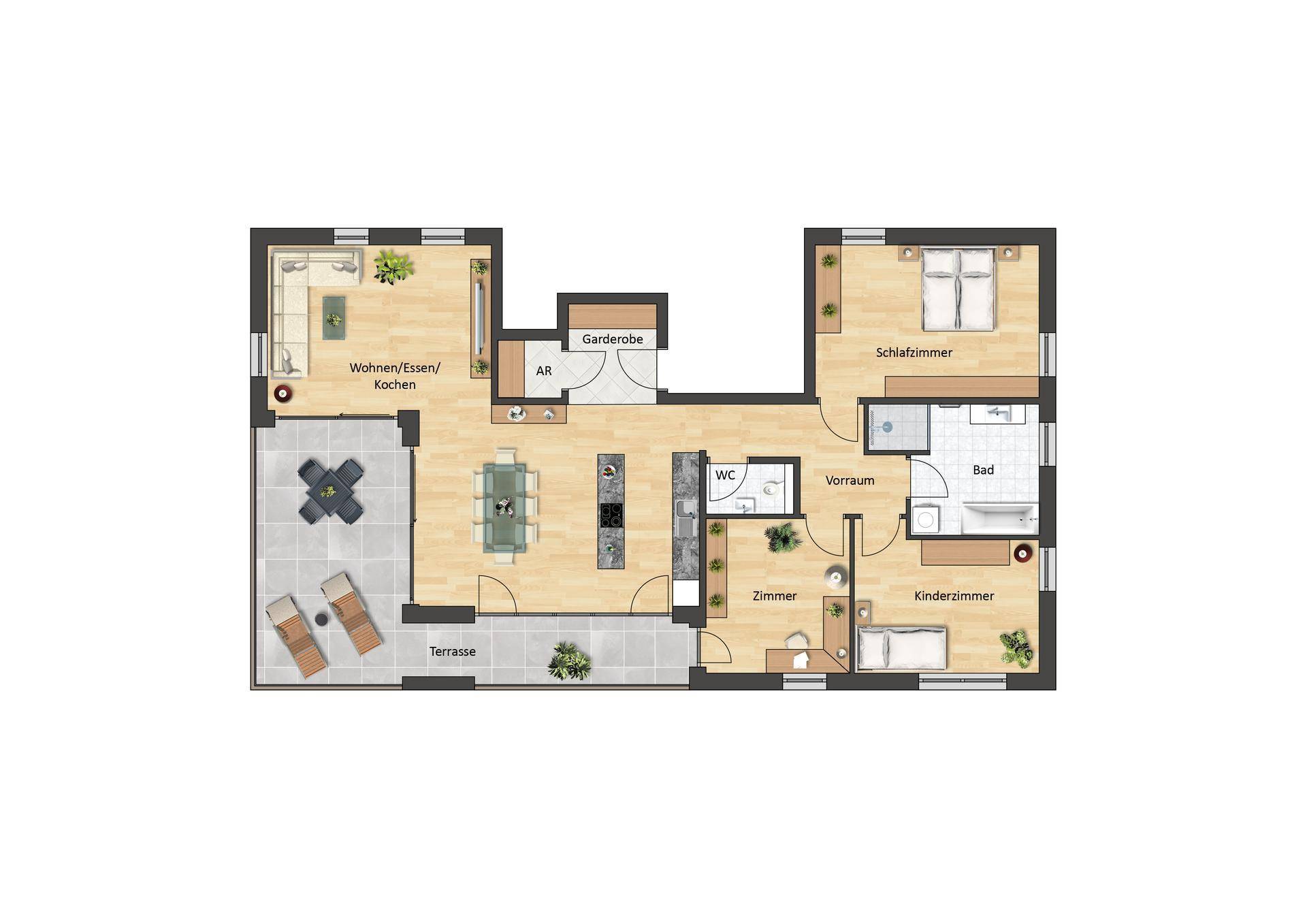 Detaillierter Grundriss einer Wohnung mit offenem Wohnbereich, Terrasse, Bad und zwei Schlafzimmern.