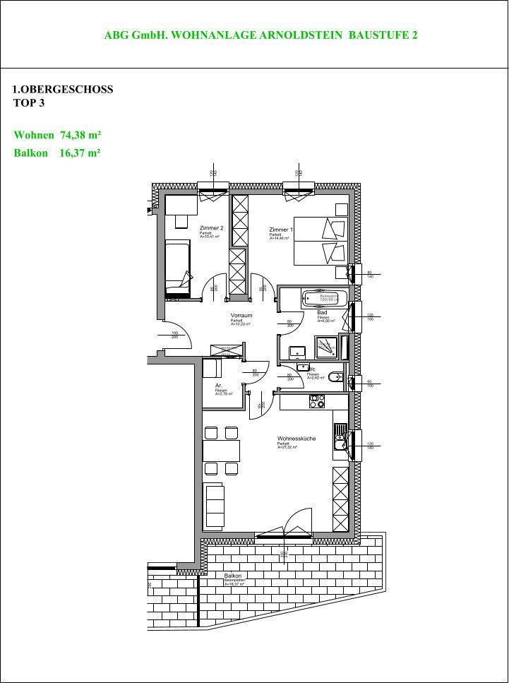Grundriss der Wohnung im Obergeschoss mit zwei Schlafzimmern, Wohnküche und Balkon.