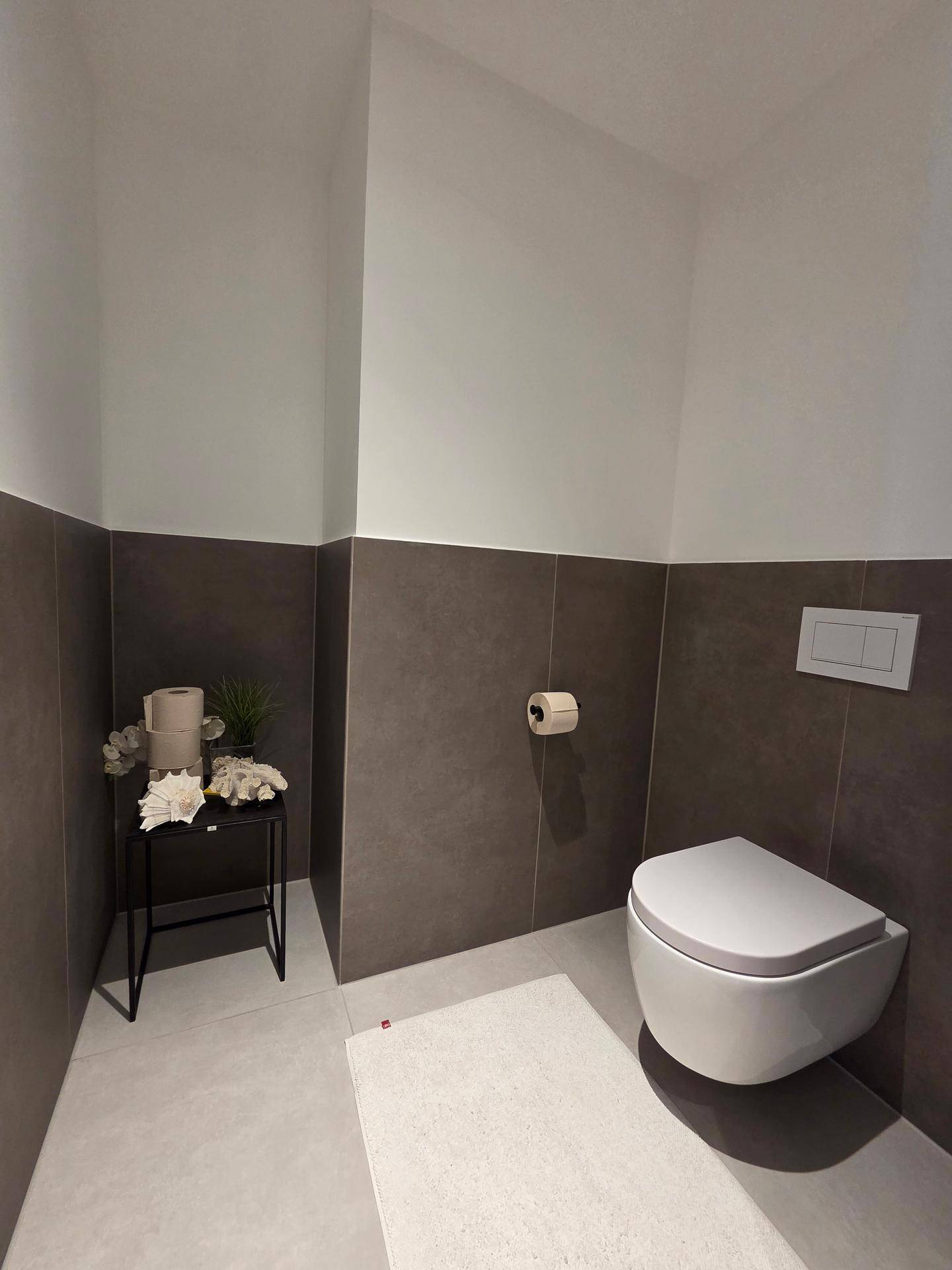 Modernes Gäste-WC mit wandhängender Toilette und stilvollen Fliesen.
