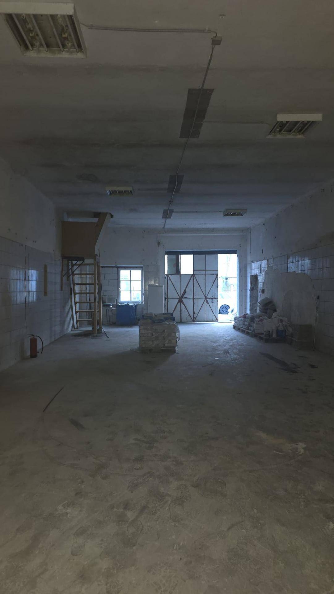 Geräumiger, leerer Innenraum mit großem Tor und Fenster, ideal für gewerbliche Nutzung.