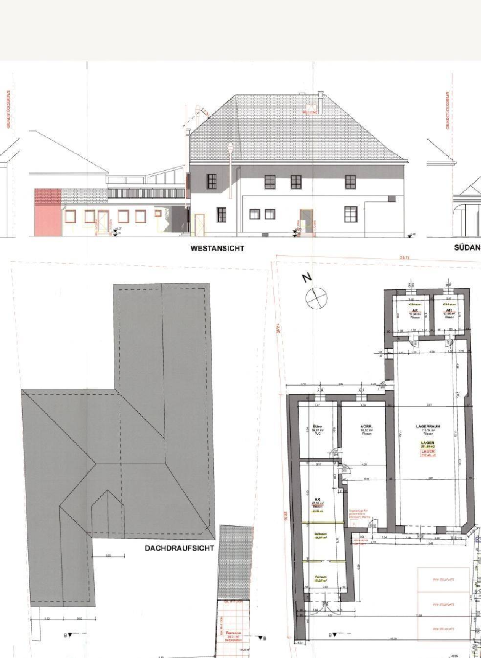 Architektonische Zeichnungen mit Westansicht, Dachaufsicht und Grundriss des Gebäudes.