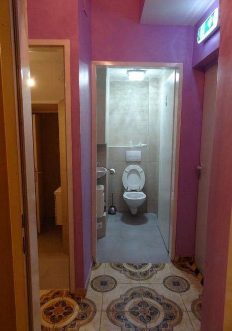 Flur mit lila Wänden, der zu einem kleinen WC mit Wand-WC und Waschbecken führt.