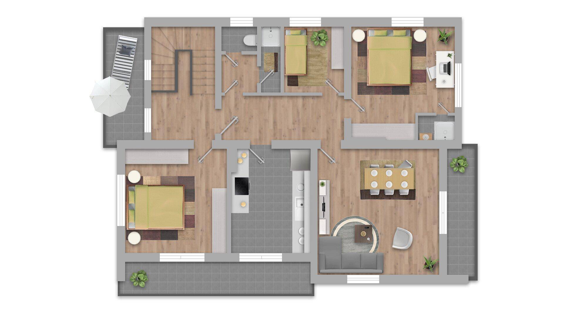 Übersichtlicher Grundriss mit drei Schlafzimmern, zwei Bädern, offener Wohnküche und großem Balkon.