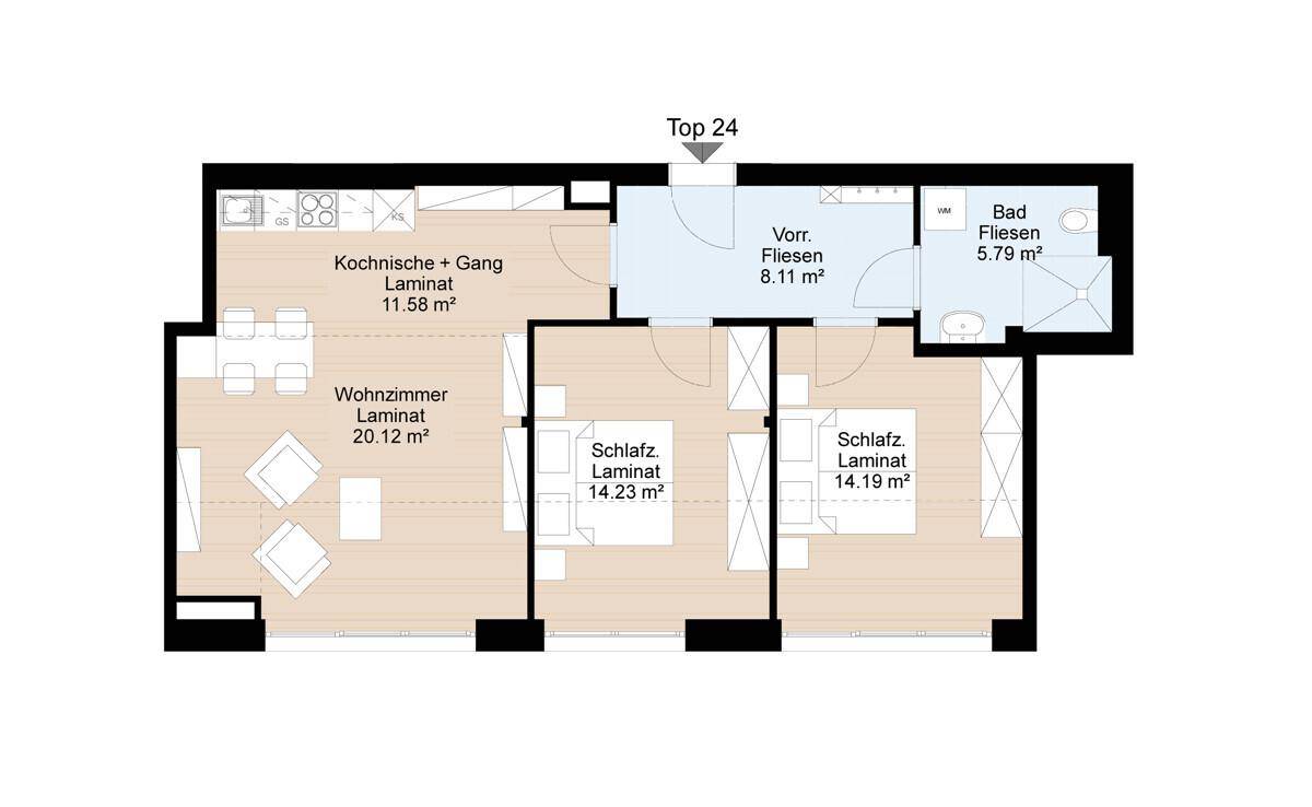 Grundriss einer Wohnung mit drei Zimmern, Küche, Bad und Vorraum.
