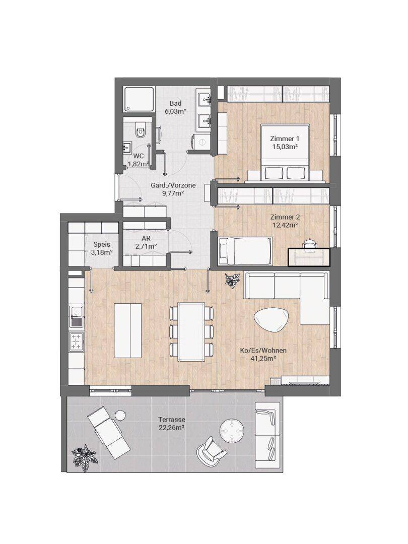 Grundriss einer Wohnung mit zwei Schlafzimmern, offenem Wohnbereich und großer Terrasse.