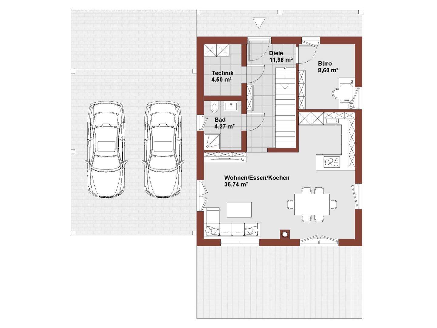 Grundriss des Erdgeschosses mit offenem Wohnbereich, Küche, Büro und Carport.