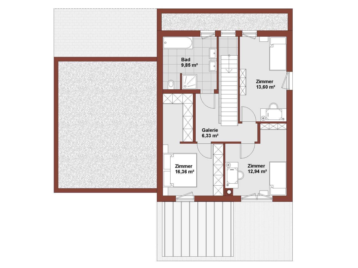 Grundriss des Obergeschosses mit drei Schlafzimmern, großem Bad und einer Galerie.