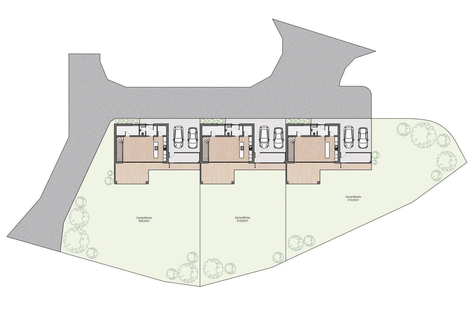 Übersichtsplan der Reihenhäuser mit individuellen Gärten und Carport-Zugängen für jede Einheit.