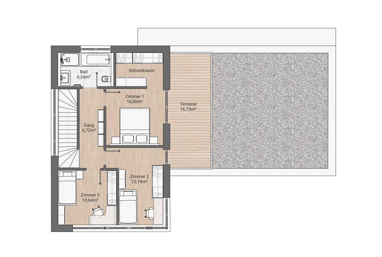 Grundriss des Obergeschosses mit drei Schlafzimmern, einem Badezimmer und einer großen Dachterrasse.