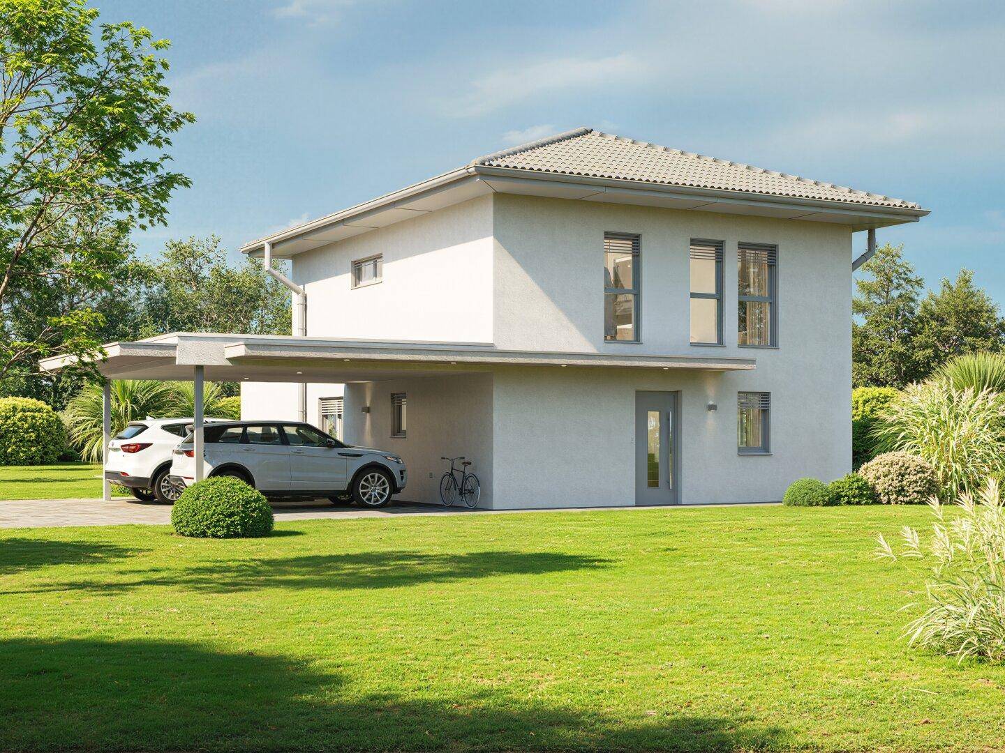 Modernes Einfamilienhaus mit integriertem Carport und gepflegtem Vorgartenbereich.
