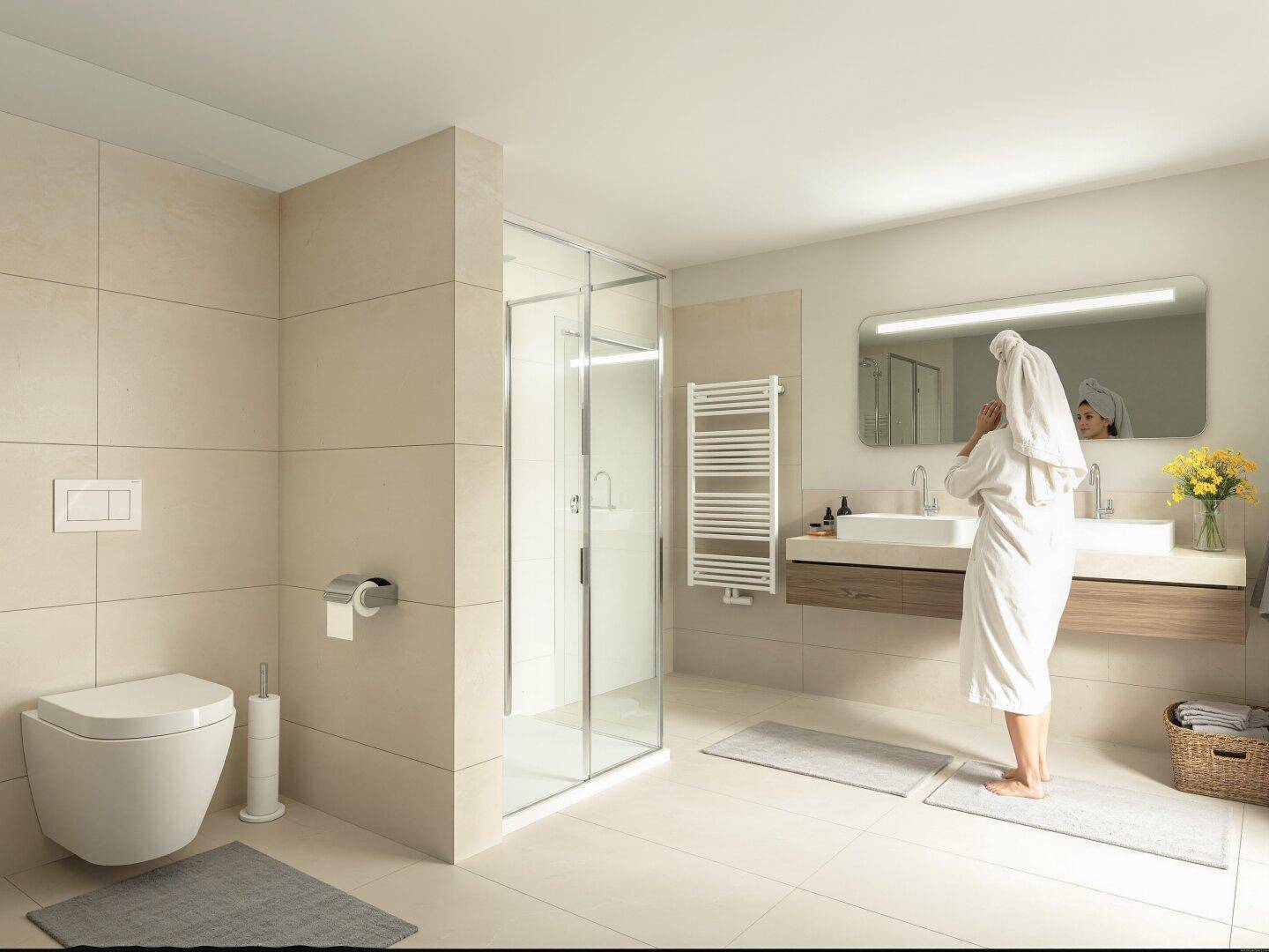 Modernes Badezimmer mit begehbarer Dusche, Wand-WC und beheiztem Handtuchhalter.