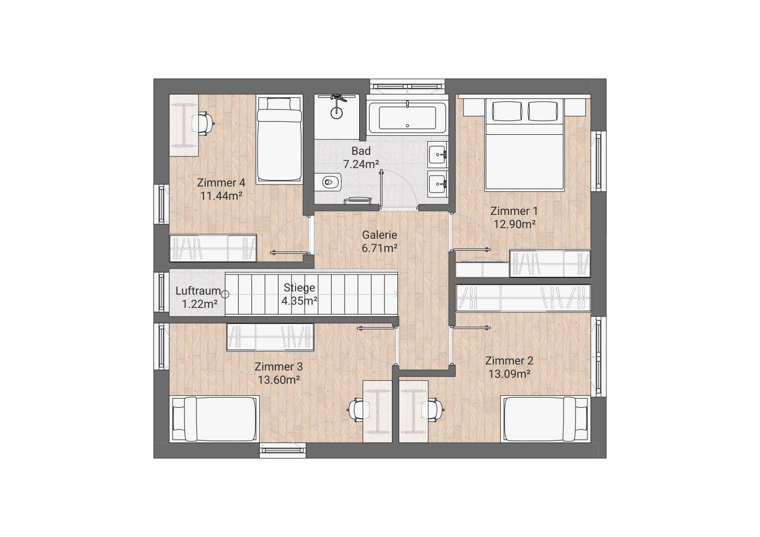 Grundriss des Obergeschosses mit vier Schlafzimmern, einem Badezimmer und einer Galerie.