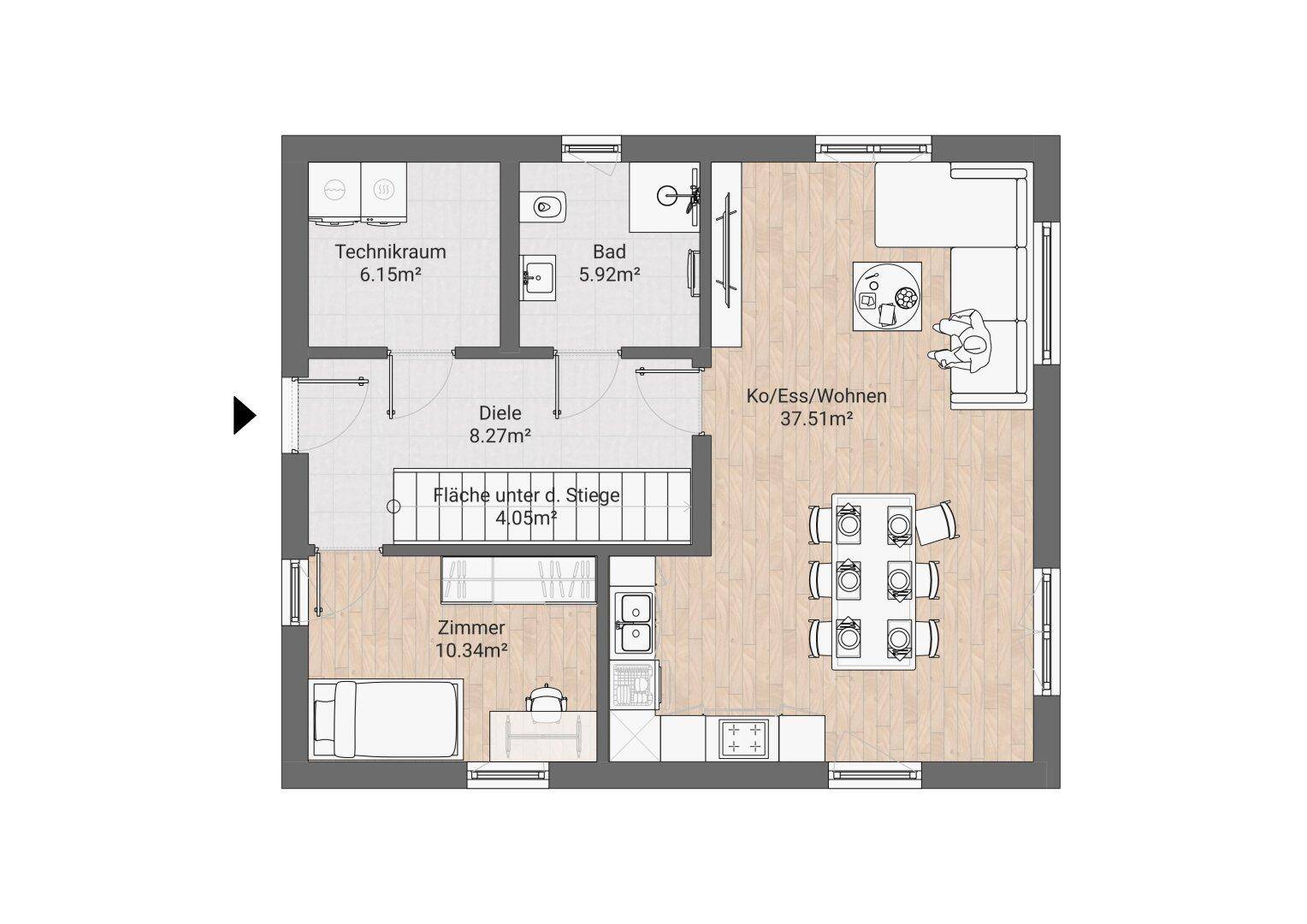 Grundriss des Erdgeschosses mit offenem Wohn-Essbereich, Küche, Zimmer und Technikraum.